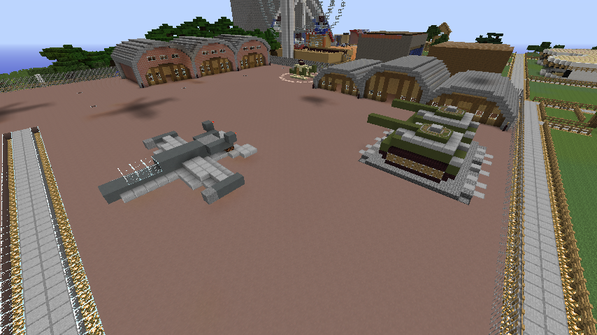 minecraft military base with vehicles
